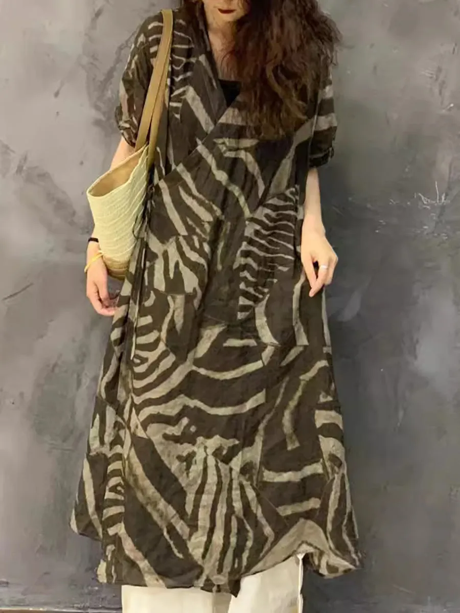 FLYTONN- Women Summer Casual Print Ramie Strap Dress UI1004