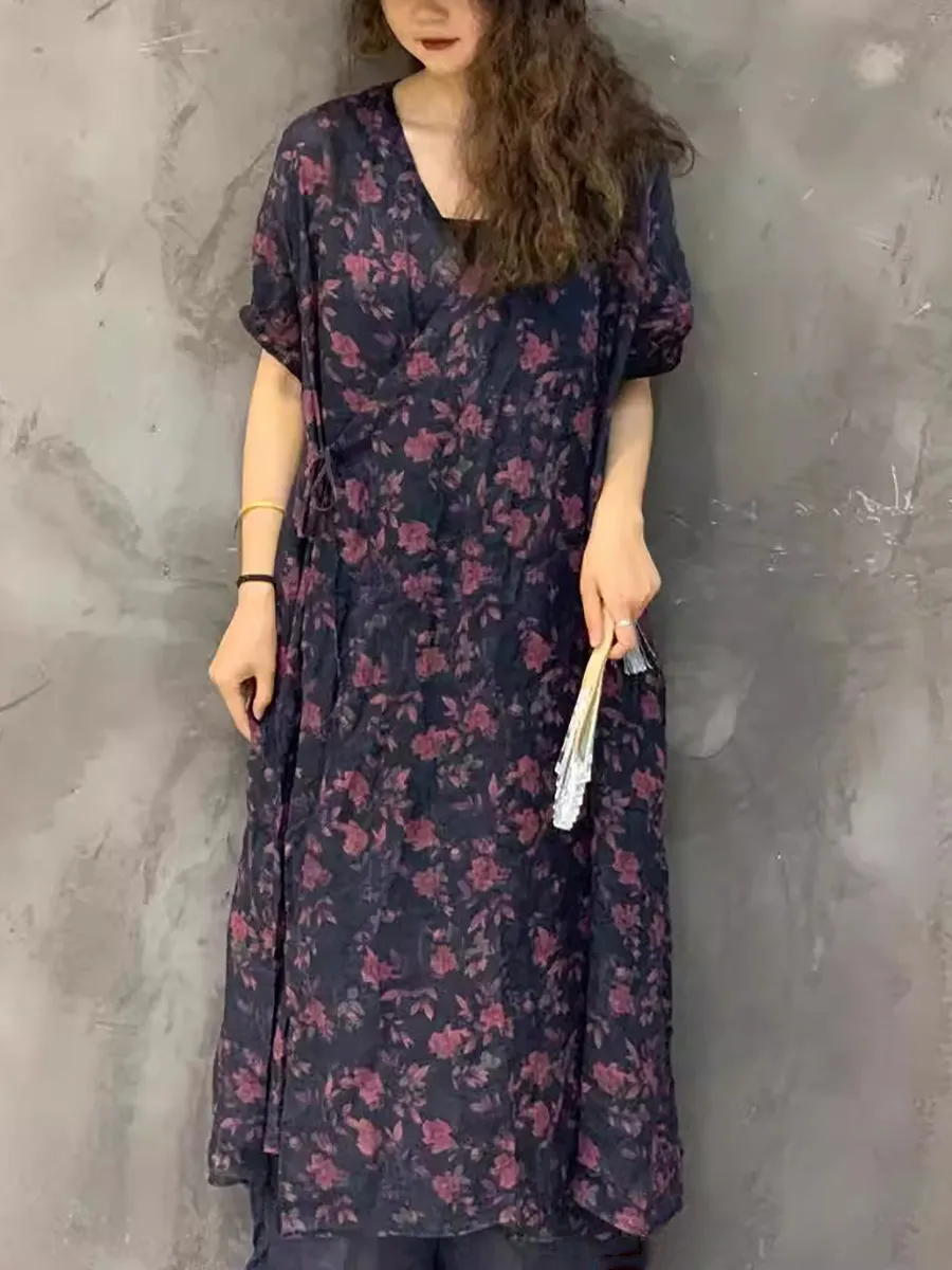 FLYTONN- Women Summer Casual Print Ramie Strap Dress UI1004