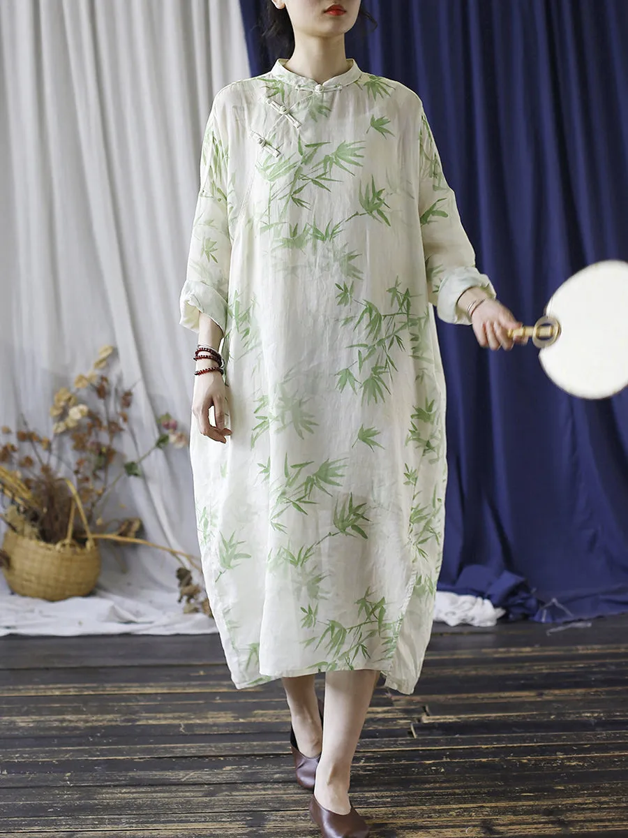 FLYTONN- Women Summer Ethnic Bamboo Buckle Ramie Dress RR1015