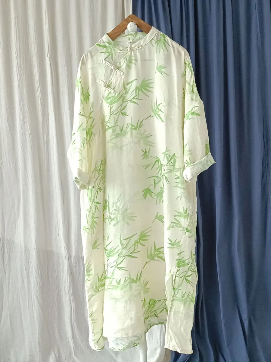 FLYTONN- Women Summer Ethnic Bamboo Buckle Ramie Dress RR1015