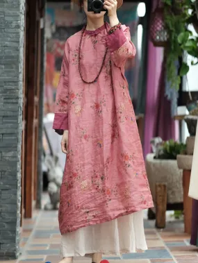 FLYTONN- Women Summer Ethnic Floral Spliced 100%Ramie Dress RR1001