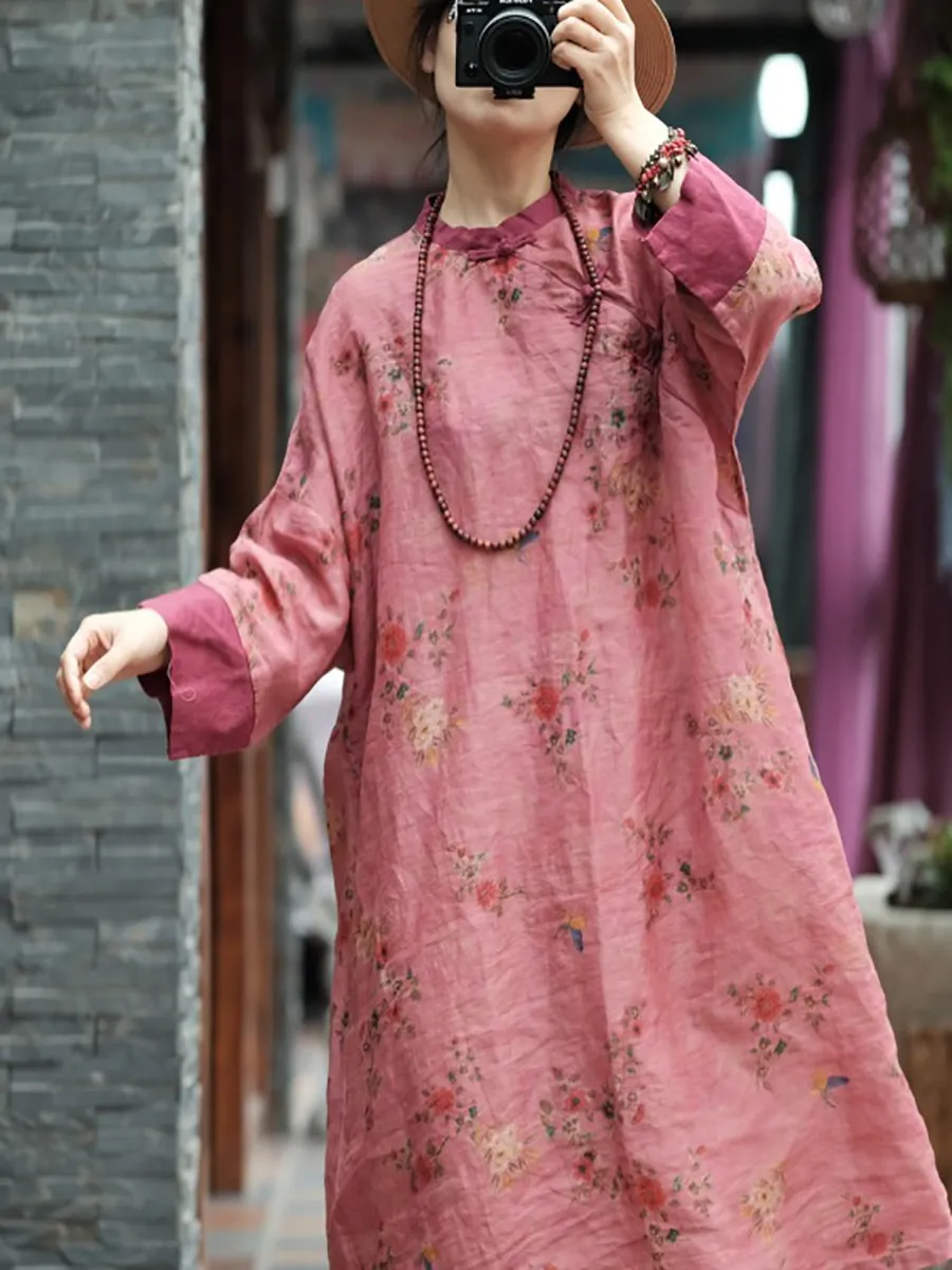 FLYTONN- Women Summer Ethnic Floral Spliced 100%Ramie Dress RR1001