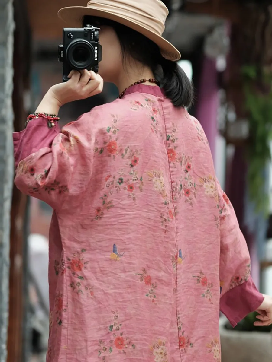 FLYTONN- Women Summer Ethnic Floral Spliced 100%Ramie Dress RR1001