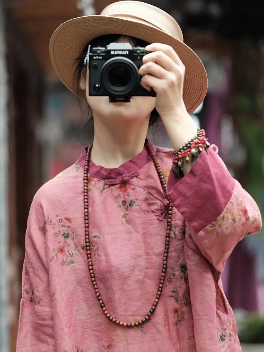FLYTONN- Women Summer Ethnic Floral Spliced 100%Ramie Dress RR1001