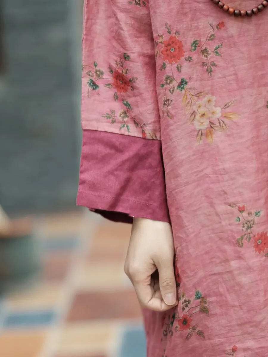FLYTONN- Women Summer Ethnic Floral Spliced 100%Ramie Dress RR1001