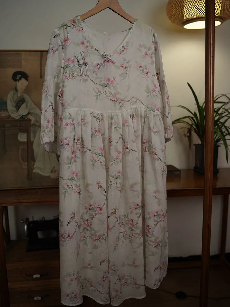 FLYTONN- Women Summer Ethnic Floral V-Neck Buckle Ramie Dress TY1007