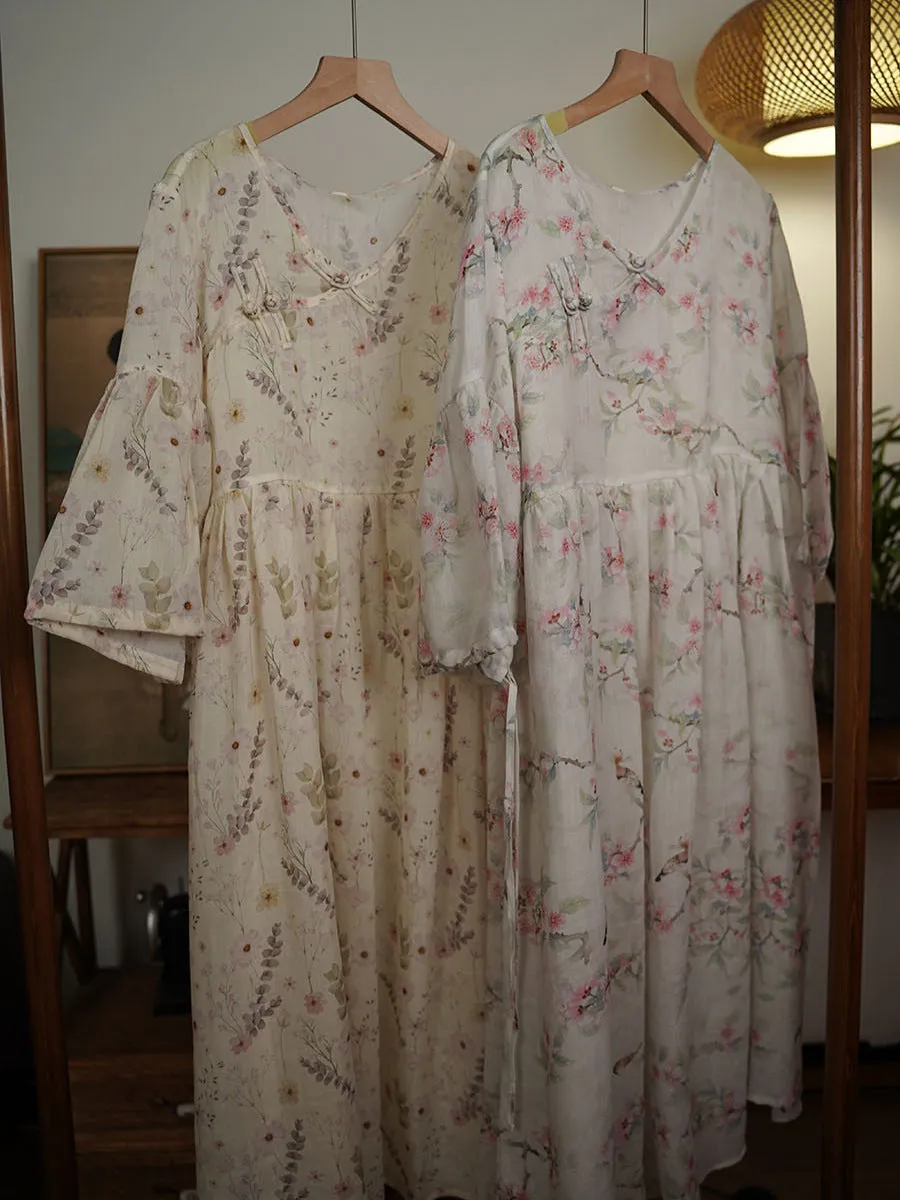 FLYTONN- Women Summer Ethnic Floral V-Neck Buckle Ramie Dress TY1007