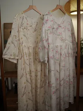 FLYTONN- Women Summer Ethnic Floral V-Neck Buckle Ramie Dress TY1007