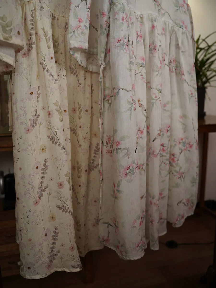 FLYTONN- Women Summer Ethnic Floral V-Neck Buckle Ramie Dress TY1007