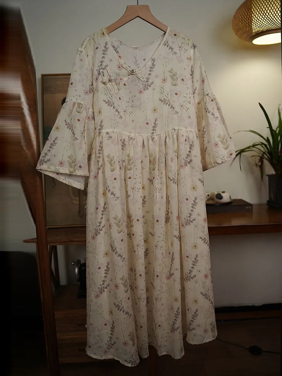 FLYTONN- Women Summer Ethnic Floral V-Neck Buckle Ramie Dress TY1007