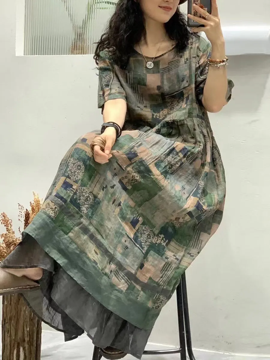 FLYTONN- Women Summer Floral Artsy Spliced Maxi Ramie Dress UI1003