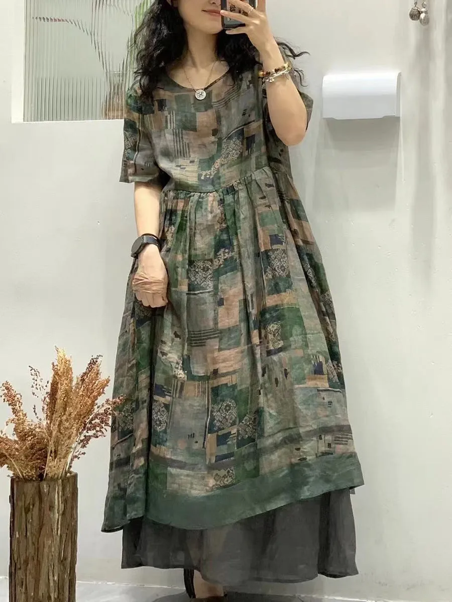 FLYTONN- Women Summer Floral Artsy Spliced Maxi Ramie Dress UI1003