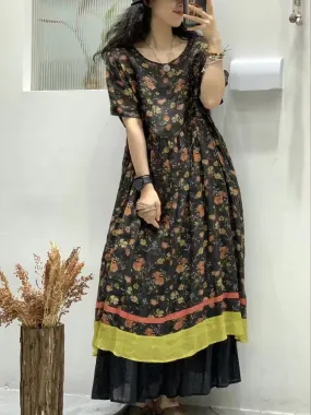 FLYTONN- Women Summer Floral Artsy Spliced Maxi Ramie Dress UI1003