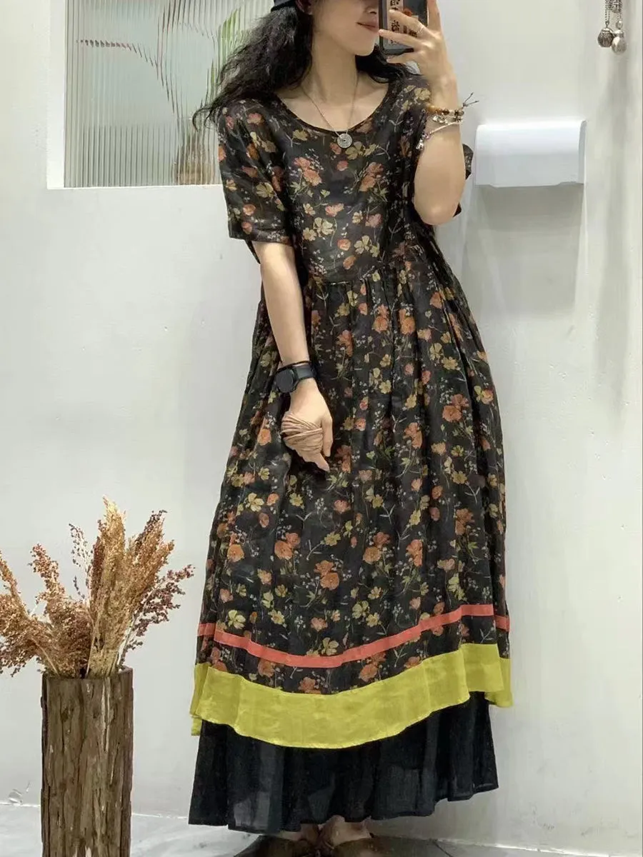 FLYTONN- Women Summer Floral Artsy Spliced Maxi Ramie Dress UI1003