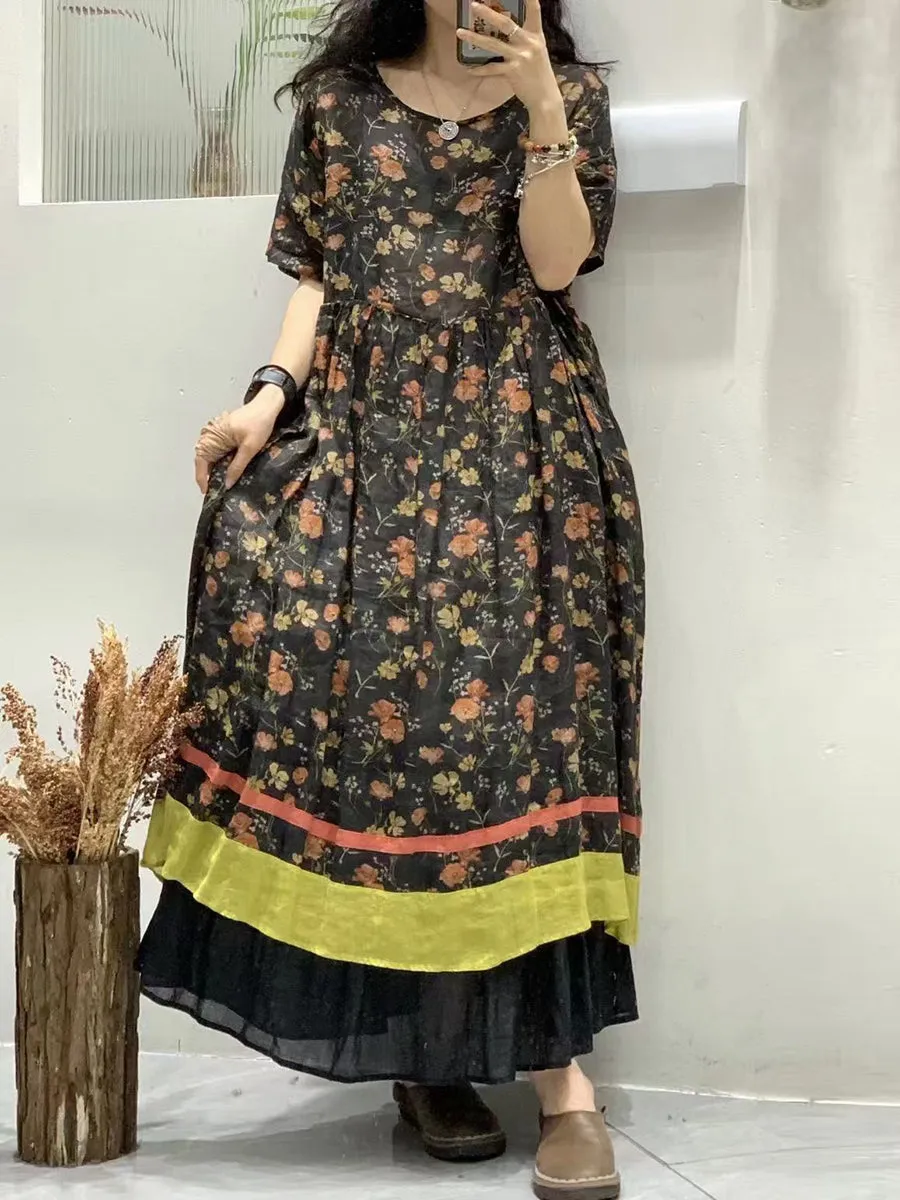 FLYTONN- Women Summer Floral Artsy Spliced Maxi Ramie Dress UI1003
