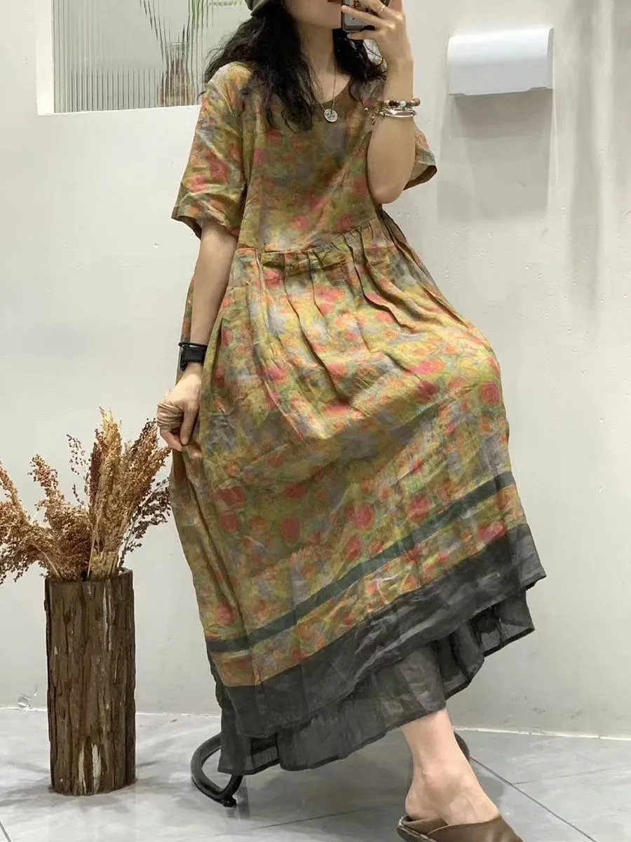 FLYTONN- Women Summer Floral Artsy Spliced Maxi Ramie Dress UI1003