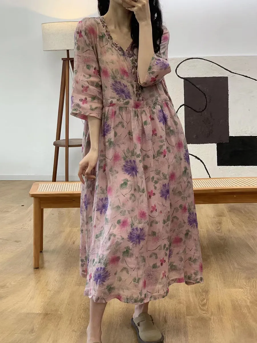 FLYTONN- Women Summer Flower Embroidery Ramie V-Neck Dress UI1001