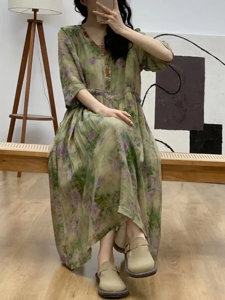 FLYTONN- Women Summer Flower Embroidery Ramie V-Neck Dress UI1001