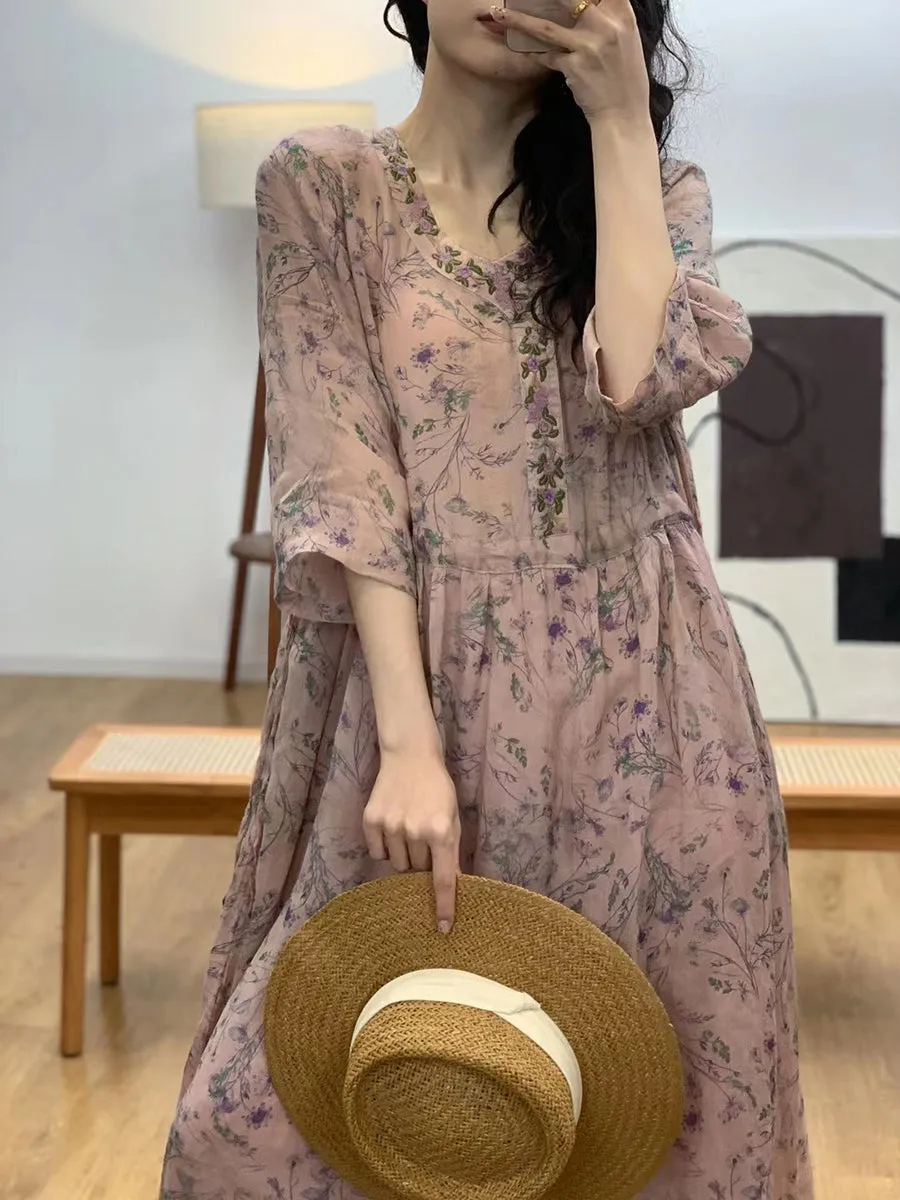 FLYTONN- Women Summer Flower Embroidery Ramie V-Neck Dress UI1001