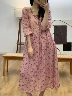 FLYTONN- Women Summer Flower Embroidery Ramie V-Neck Dress UI1001