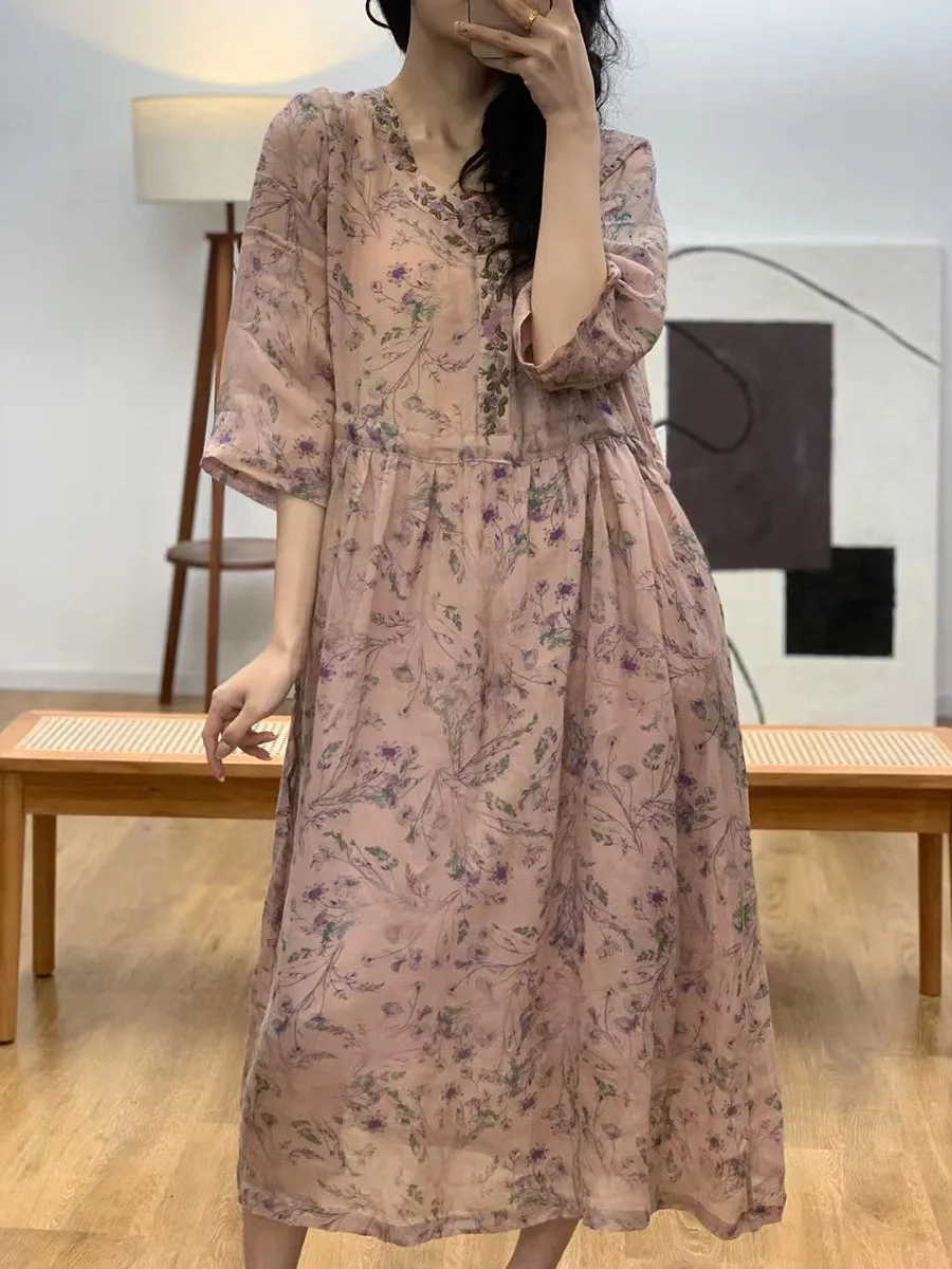 FLYTONN- Women Summer Flower Embroidery Ramie V-Neck Dress UI1001
