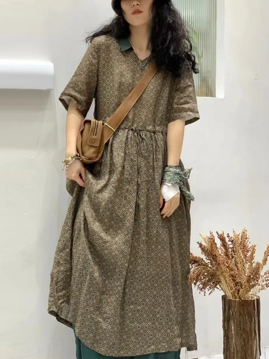 FLYTONN- Women Summer Flower Spliced Ramie Strap Waist Dress TY1046