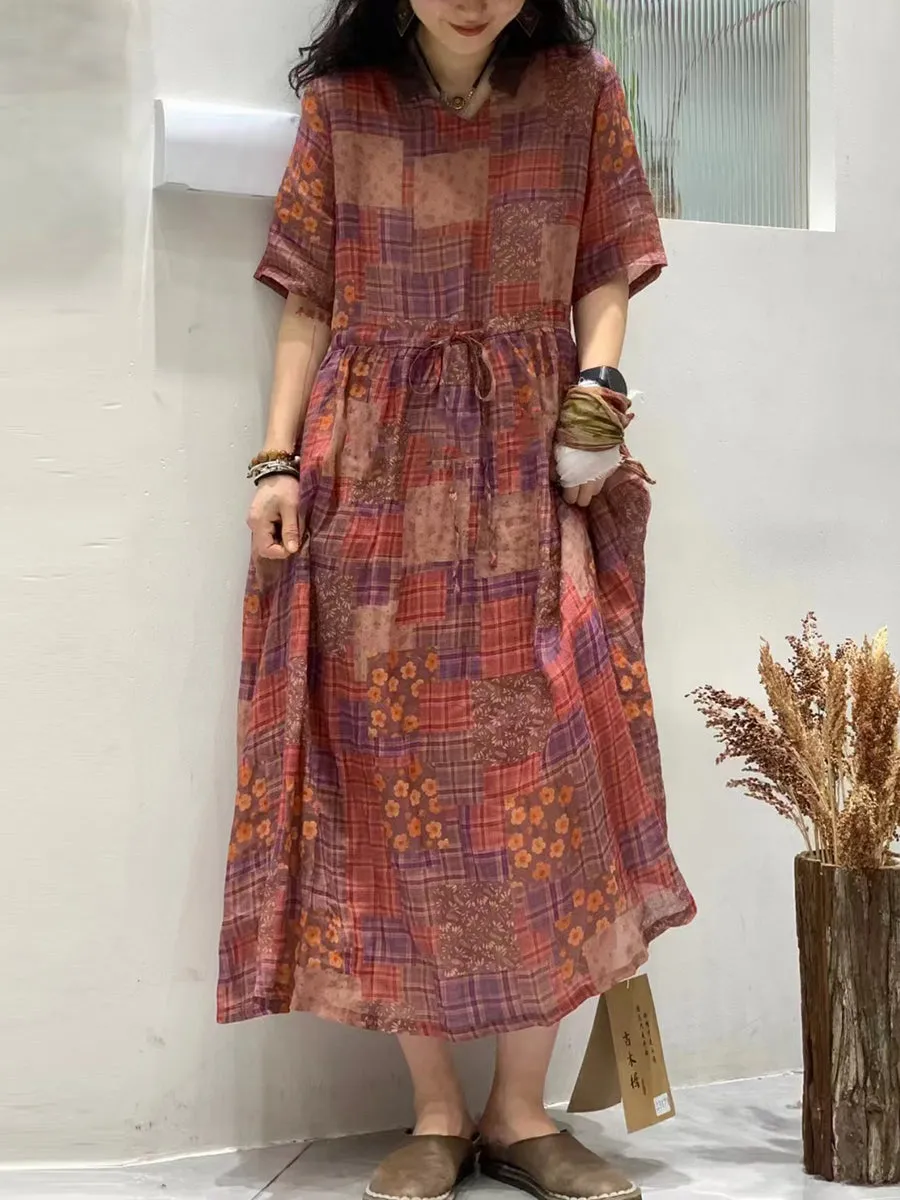 FLYTONN- Women Summer Flower Spliced Ramie Strap Waist Dress TY1046