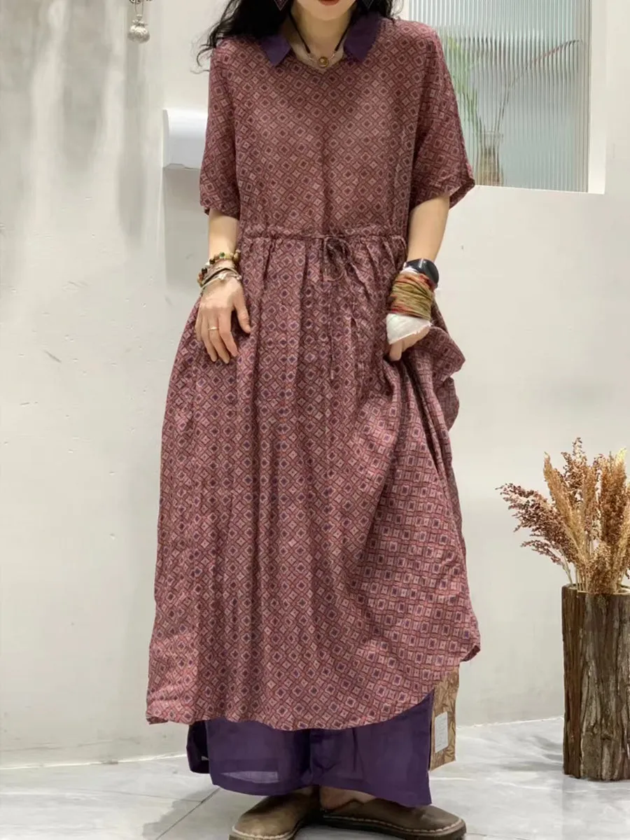 FLYTONN- Women Summer Flower Spliced Ramie Strap Waist Dress TY1046
