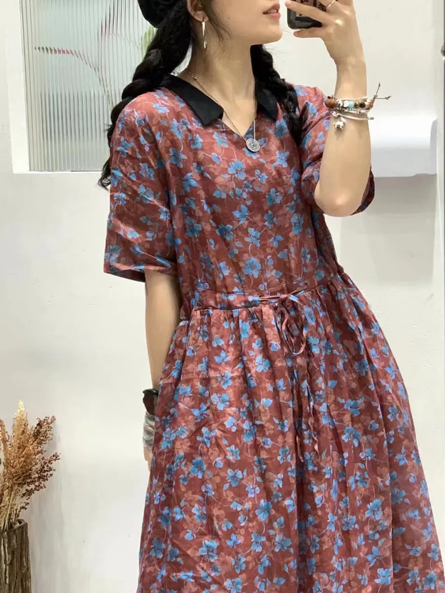 FLYTONN- Women Summer Flower Spliced Ramie Strap Waist Dress TY1046
