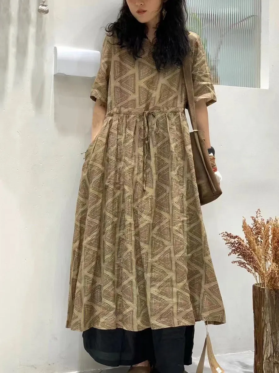 FLYTONN- Women Summer Flower Spliced Ramie Strap Waist Dress TY1046