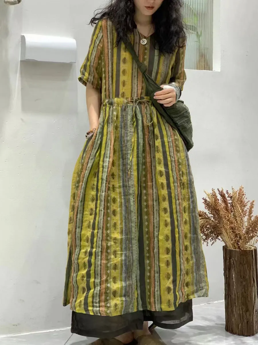 FLYTONN- Women Summer Flower Spliced Ramie Strap Waist Dress TY1046