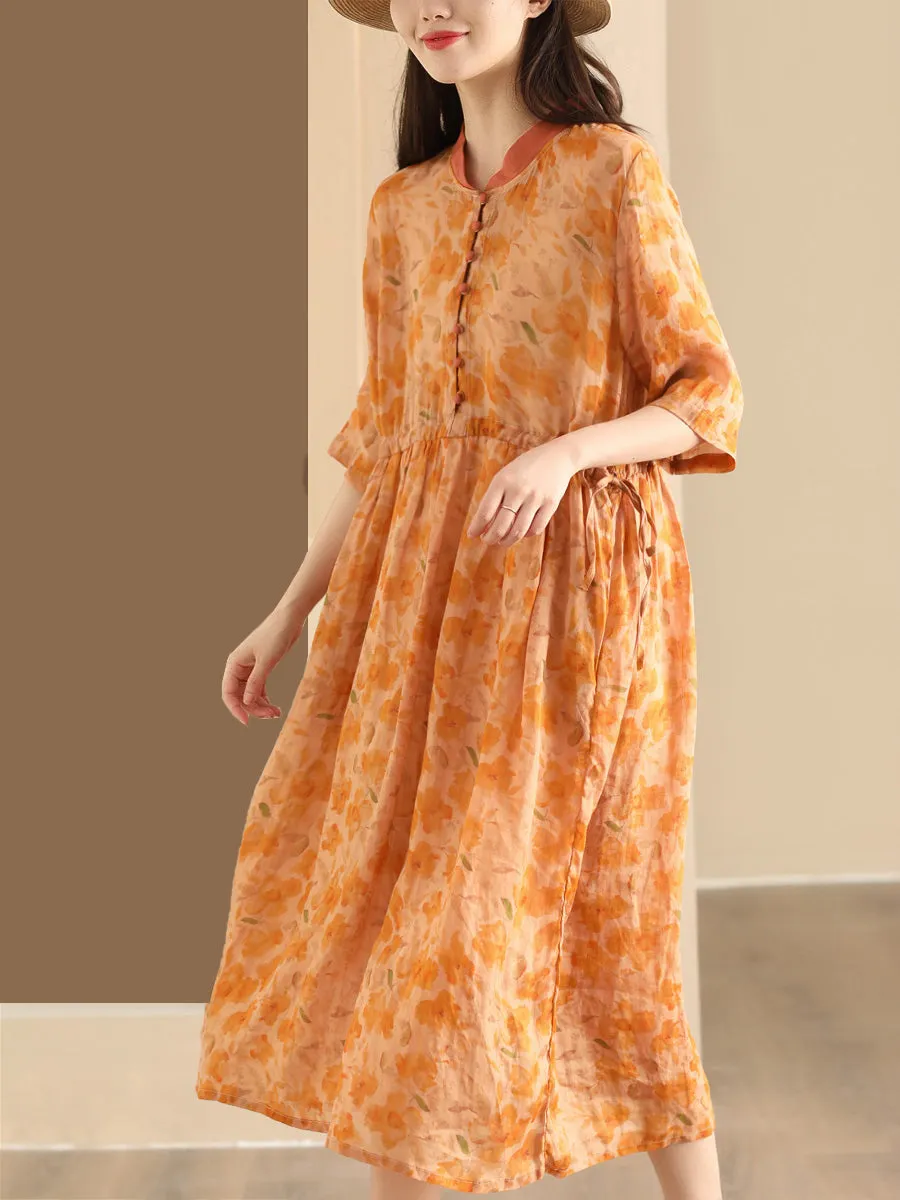 FLYTONN- Women Summer Flower Stand Collar Ramie Dress OO1046