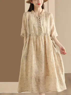 FLYTONN- Women Summer Flower Stand Collar Ramie Dress OO1046