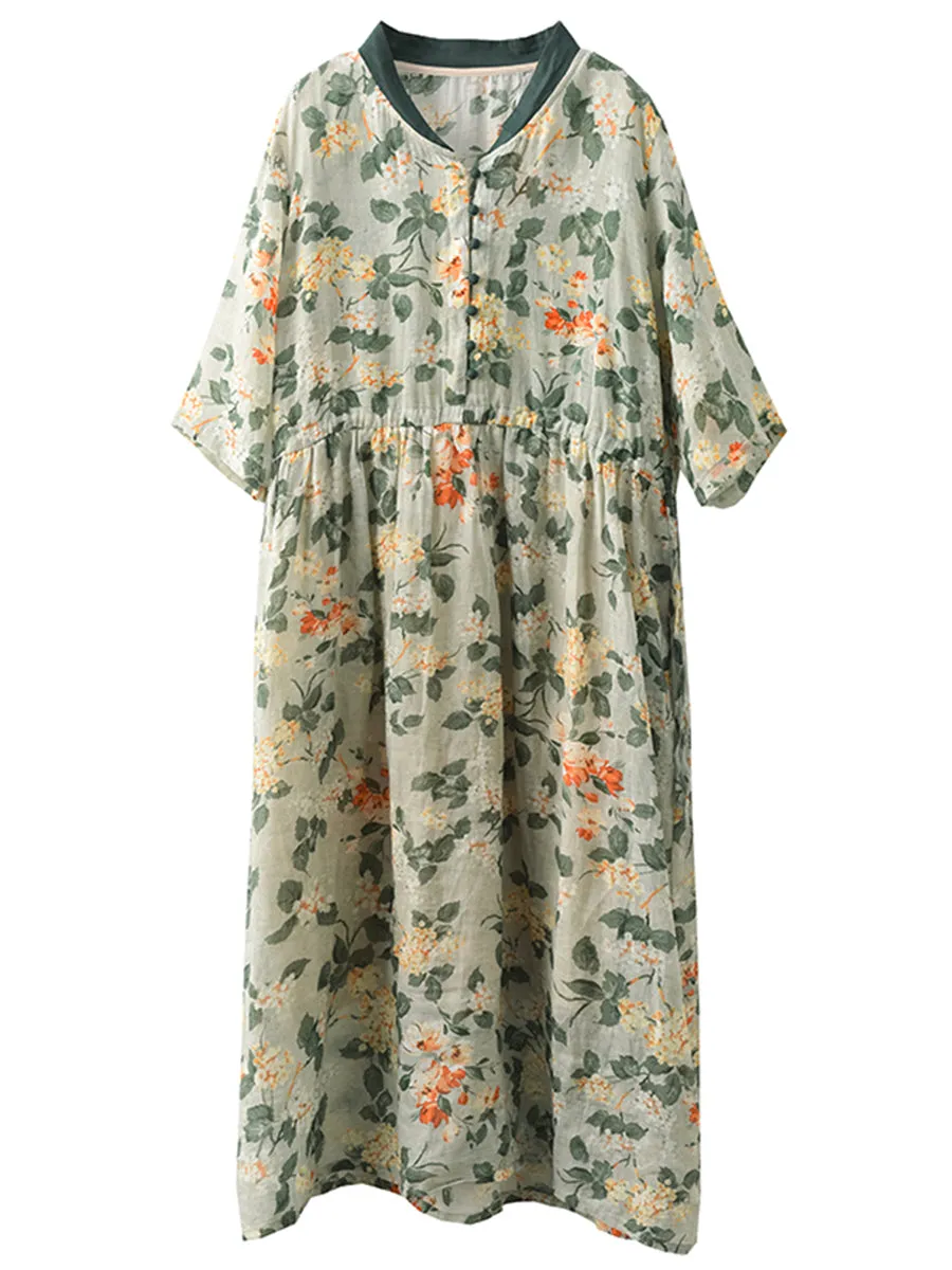 FLYTONN- Women Summer Flower Stand Collar Ramie Dress OO1046