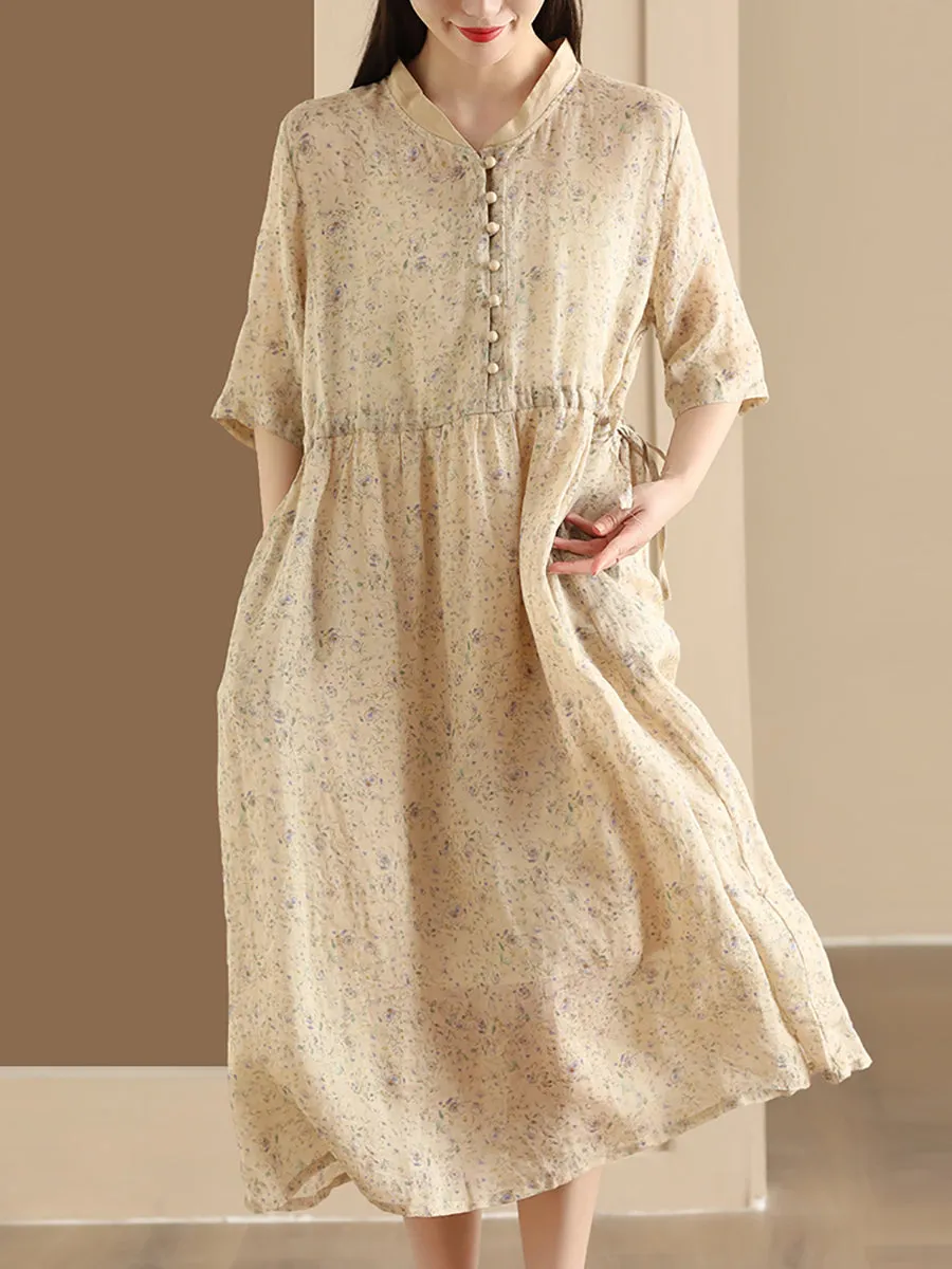FLYTONN- Women Summer Flower Stand Collar Ramie Dress OO1046