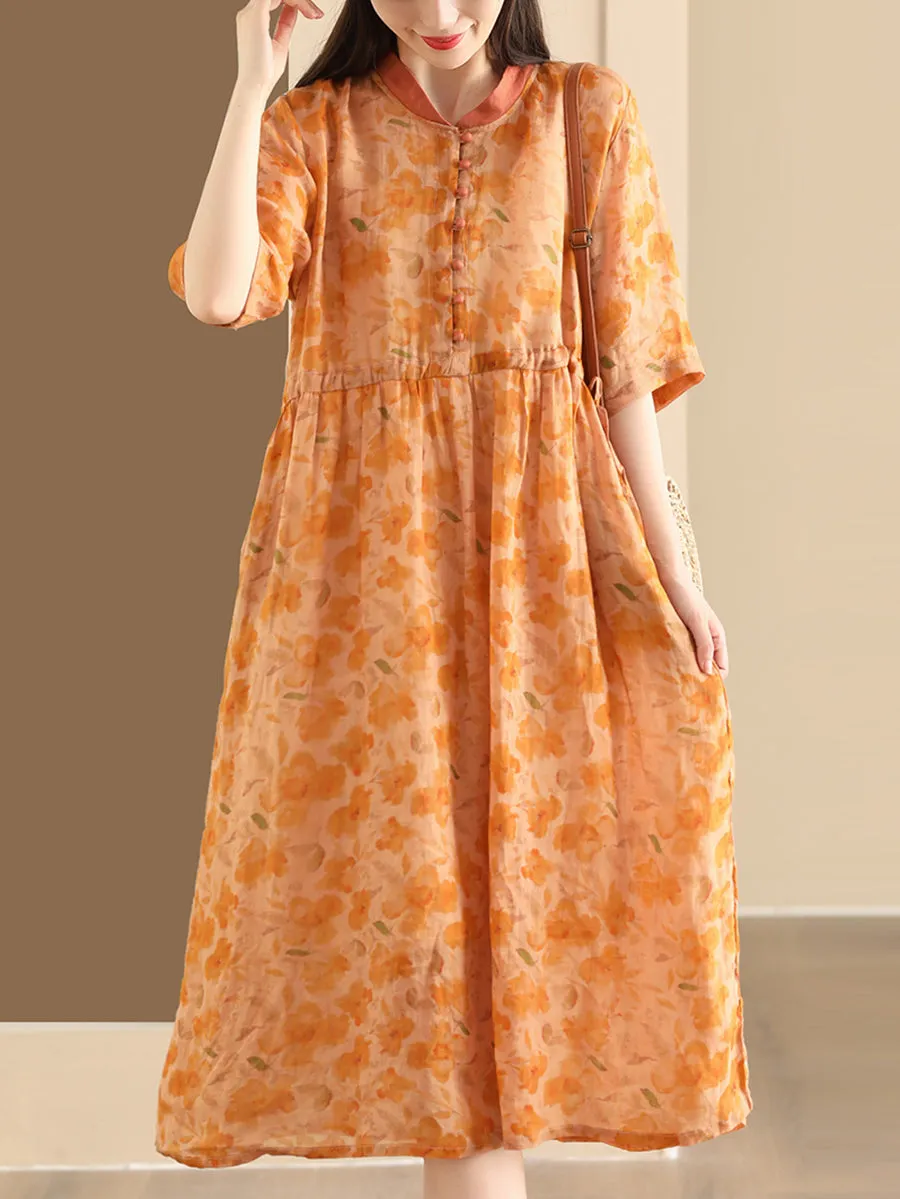 FLYTONN- Women Summer Flower Stand Collar Ramie Dress OO1046