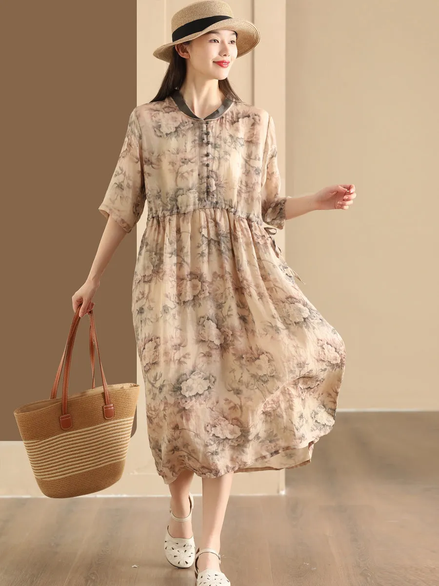 FLYTONN- Women Summer Flower Stand Collar Ramie Dress OO1046