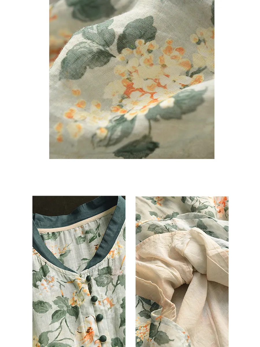 FLYTONN- Women Summer Flower Stand Collar Ramie Dress OO1046