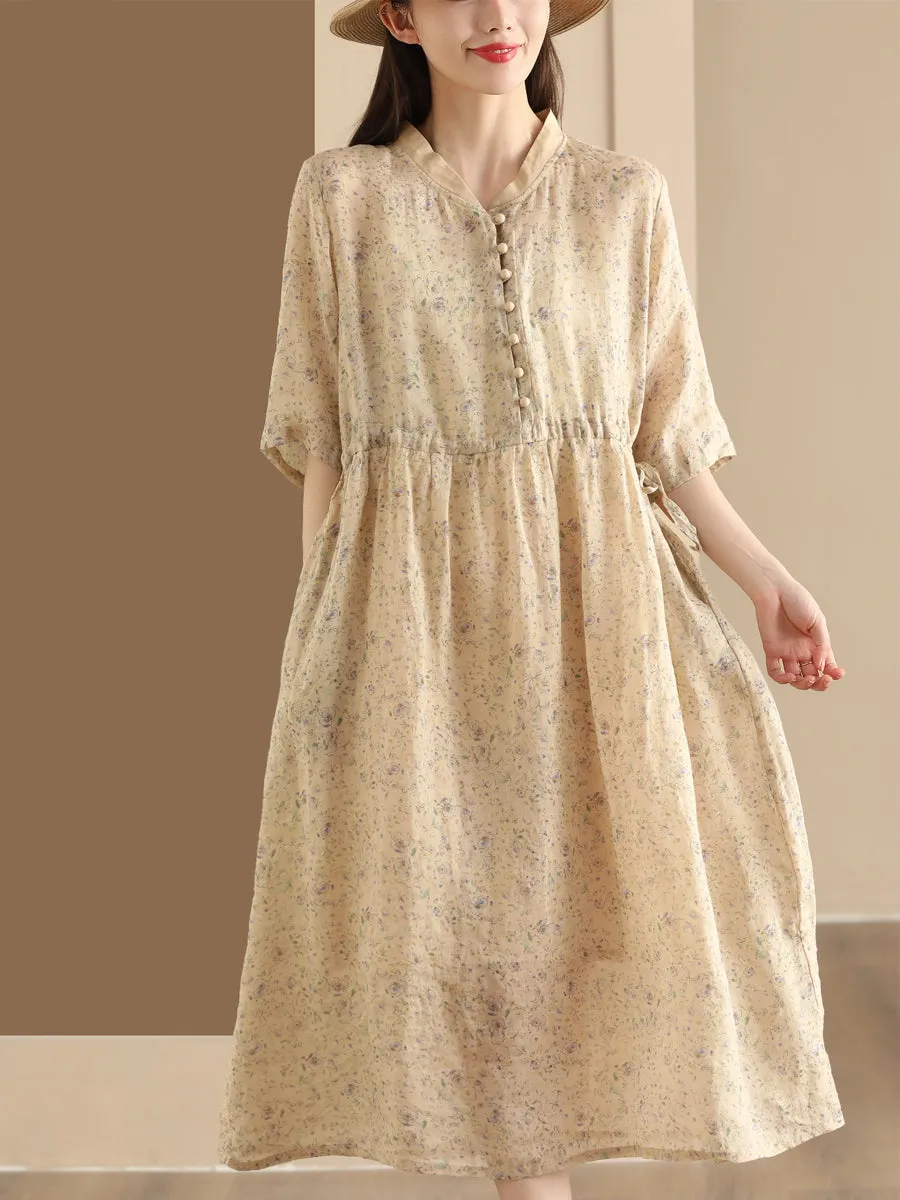 FLYTONN- Women Summer Flower Stand Collar Ramie Dress OO1046