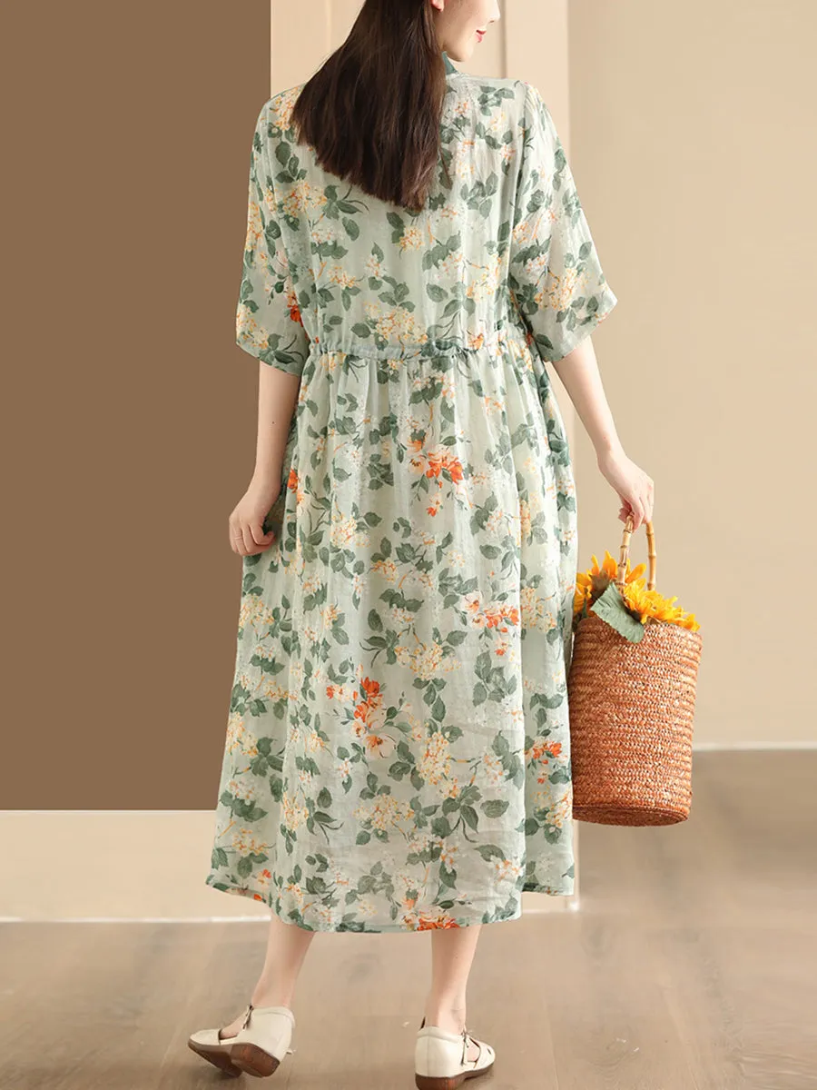 FLYTONN- Women Summer Flower Stand Collar Ramie Dress OO1046