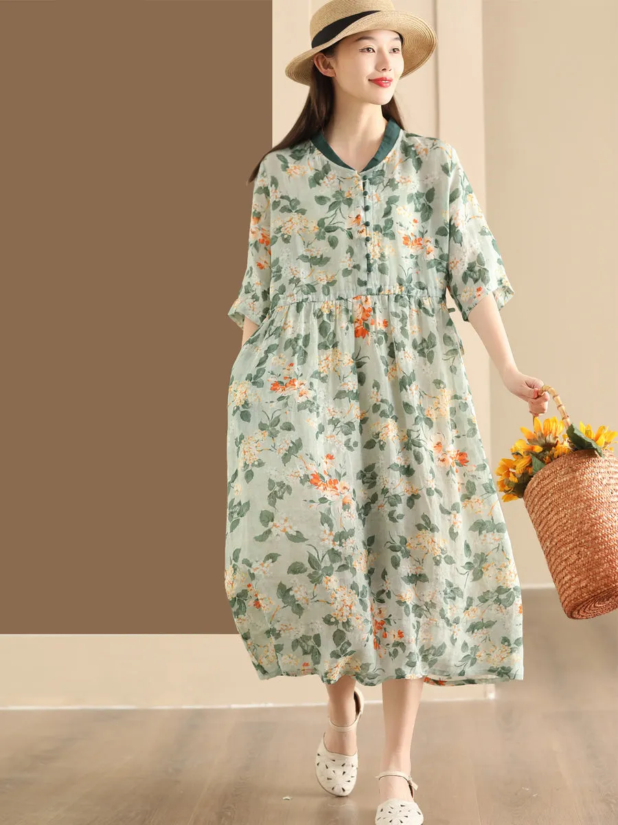 FLYTONN- Women Summer Flower Stand Collar Ramie Dress OO1046