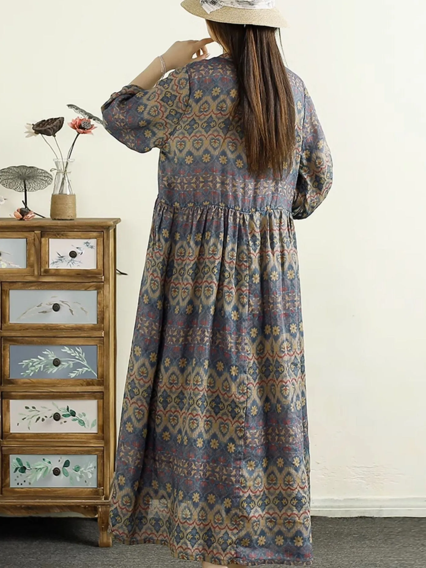 FLYTONN- Women Summer Print Spliced Ramie Dress TY1025