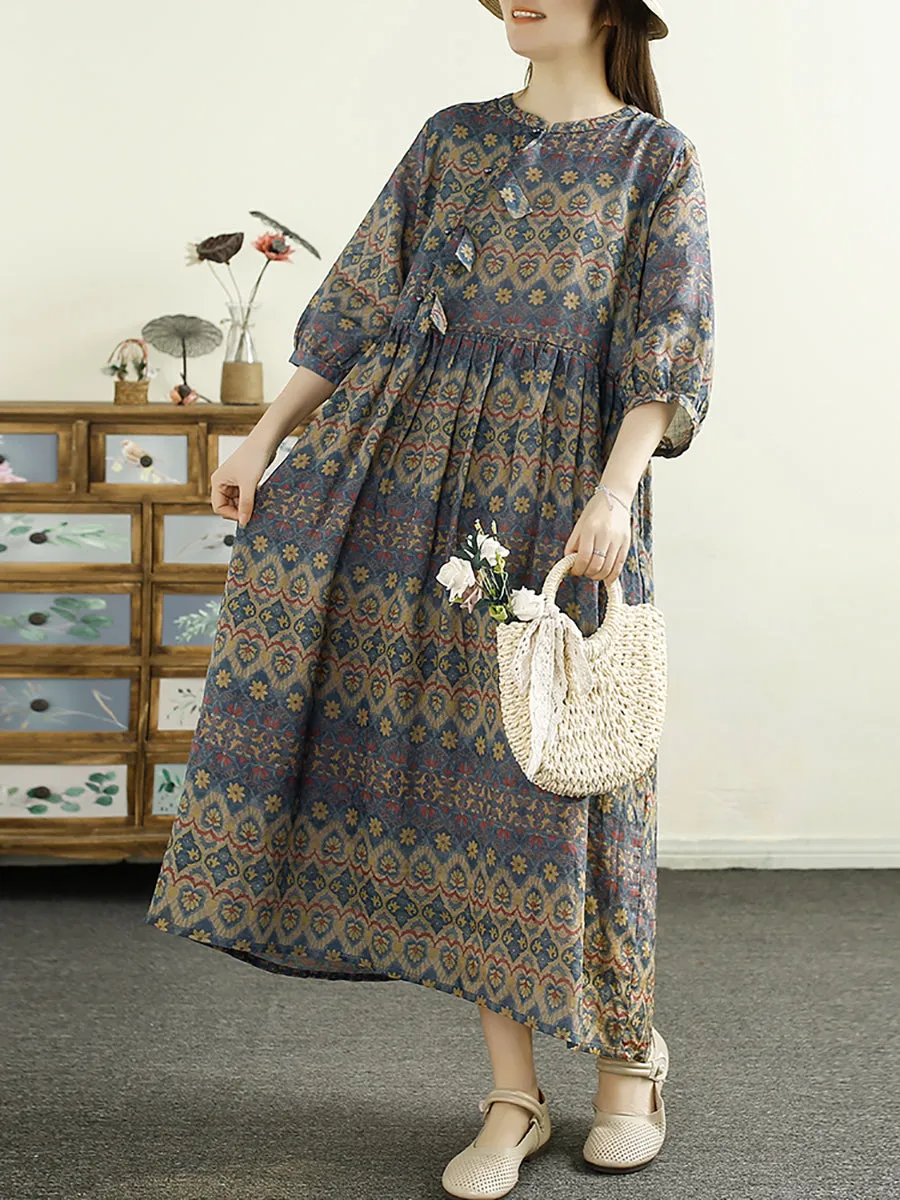 FLYTONN- Women Summer Print Spliced Ramie Dress TY1025