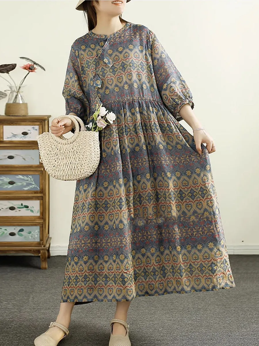 FLYTONN- Women Summer Print Spliced Ramie Dress TY1025