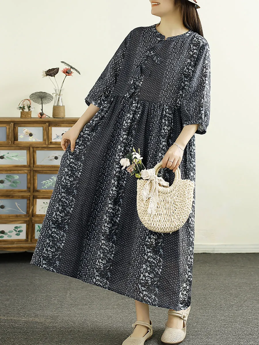 FLYTONN- Women Summer Print Spliced Ramie Dress TY1025