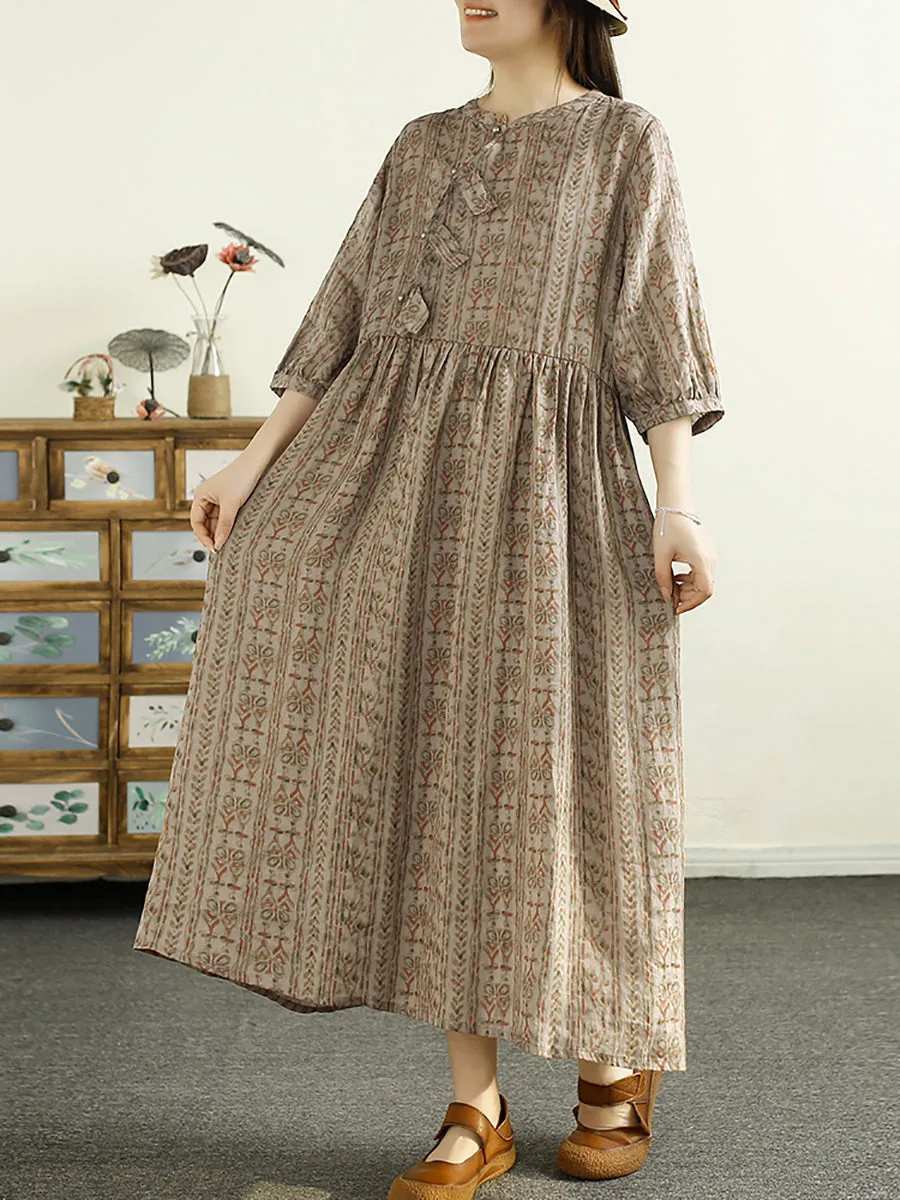 FLYTONN- Women Summer Print Spliced Ramie Dress TY1025