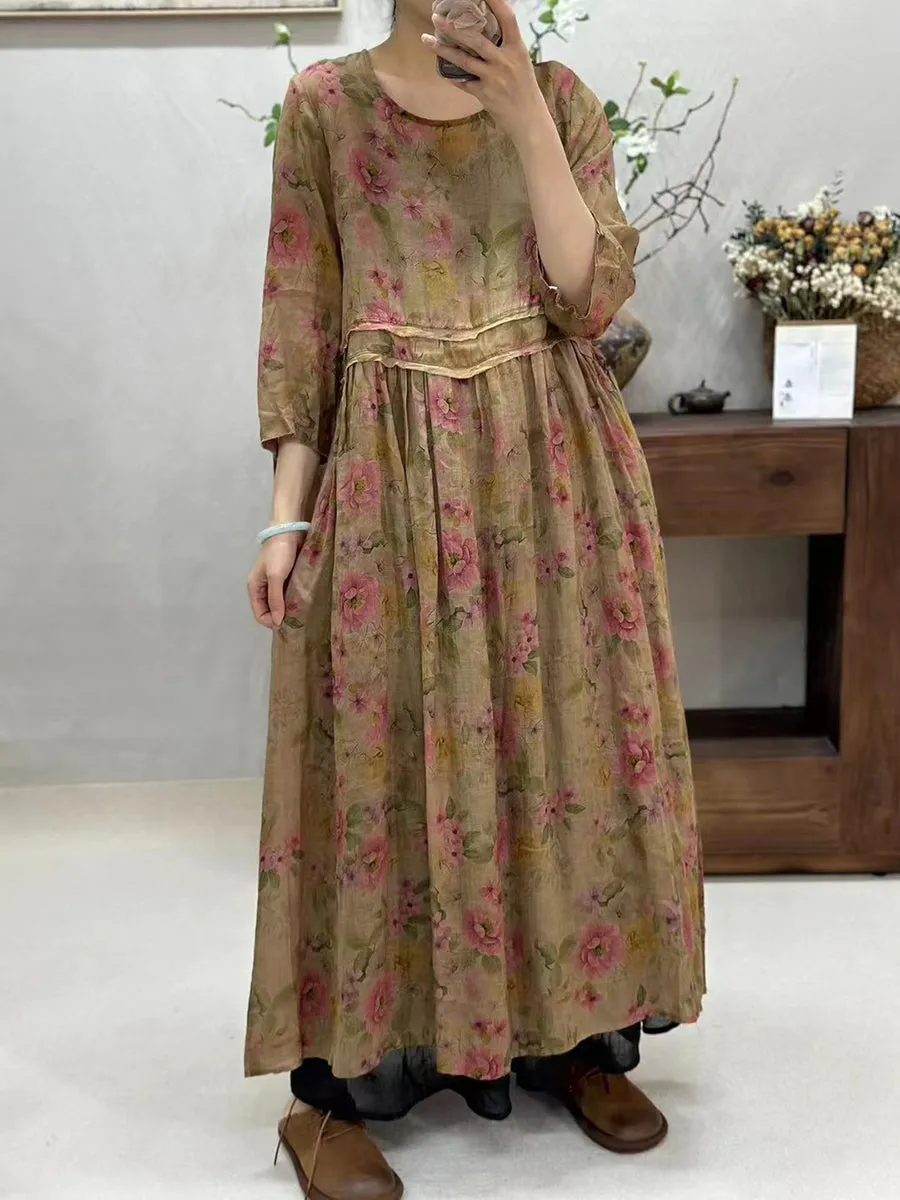 FLYTONN- Women Summer Retro Spliced Flower Ramie Dress WE1016