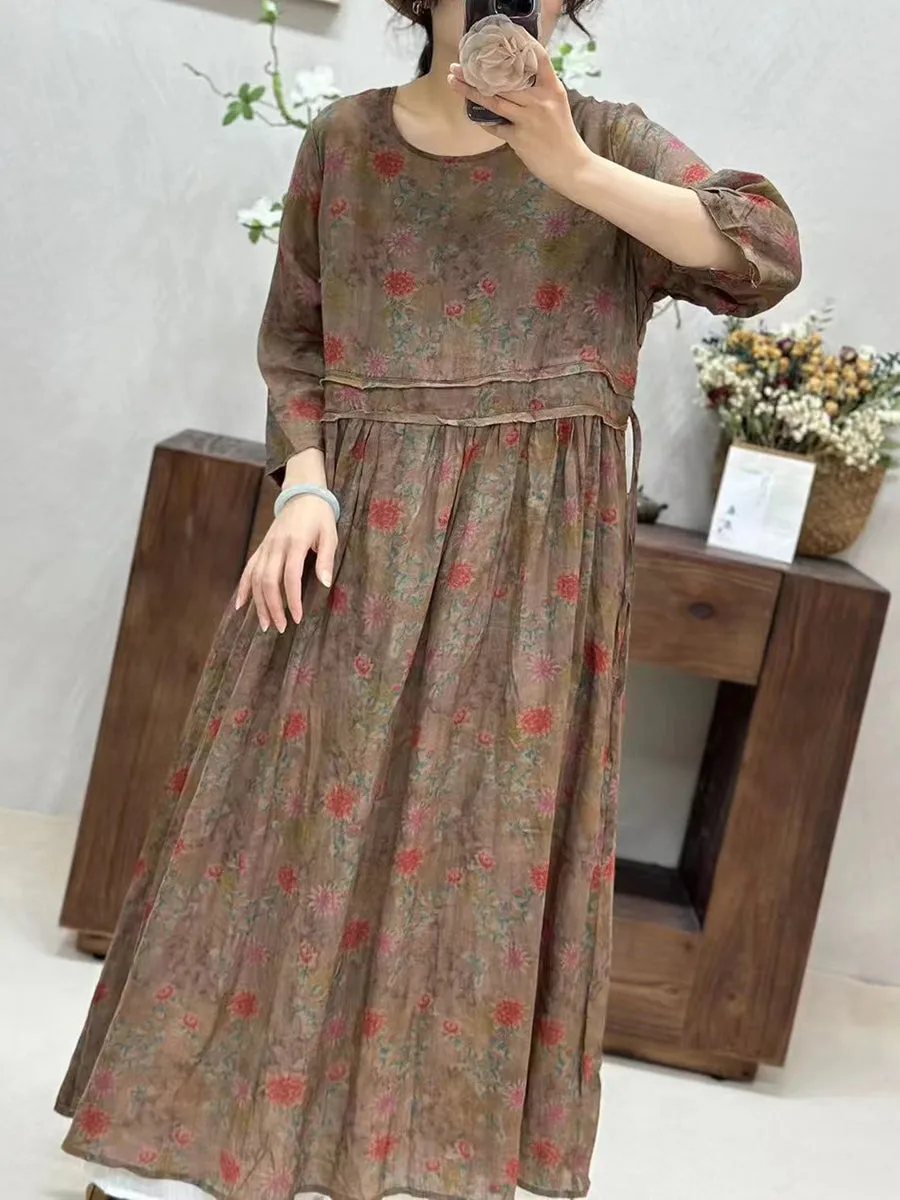 FLYTONN- Women Summer Retro Spliced Flower Ramie Dress WE1016