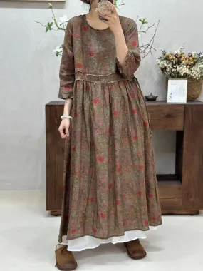 FLYTONN- Women Summer Retro Spliced Flower Ramie Dress WE1016