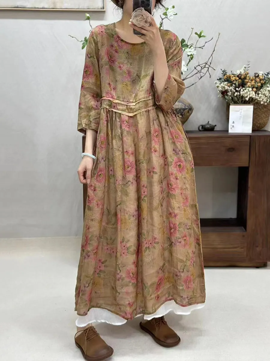 FLYTONN- Women Summer Retro Spliced Flower Ramie Dress WE1016